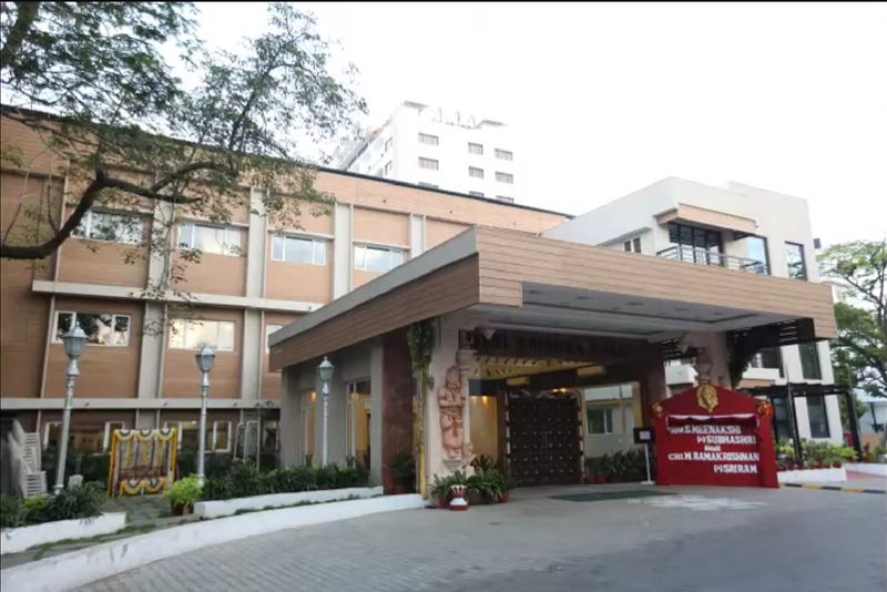 Entrance of the Krishna Hall banquet venue decorated for a wedding